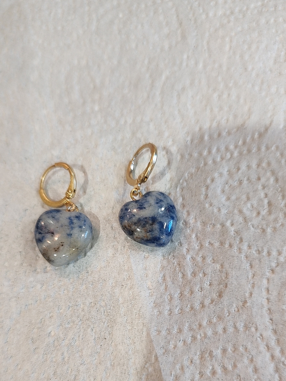 Heart Gemstone Hoop Earrings in Blue and White - Gold Tone